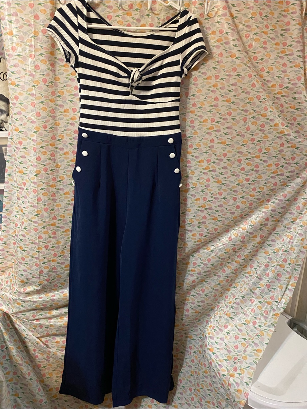 Navy Wide-Leg Jumpsuit with Striped Top